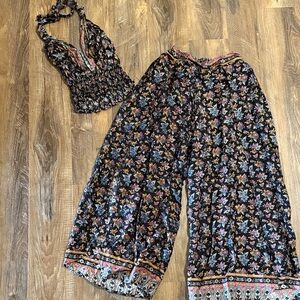 Floral Black and Multicolor Women's Halter and Pant Set